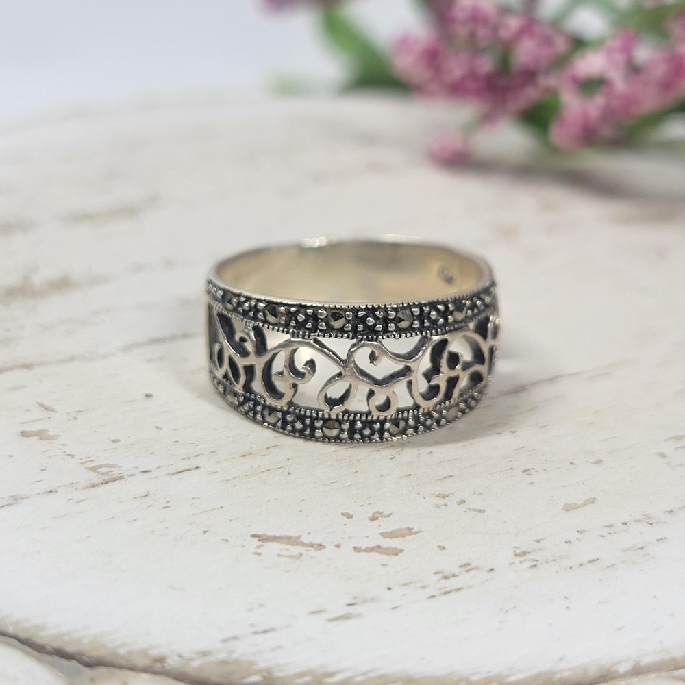 Charles Winston 925 Silver Marcasite Ring Sz 9 Ornate Boho Filigree Band